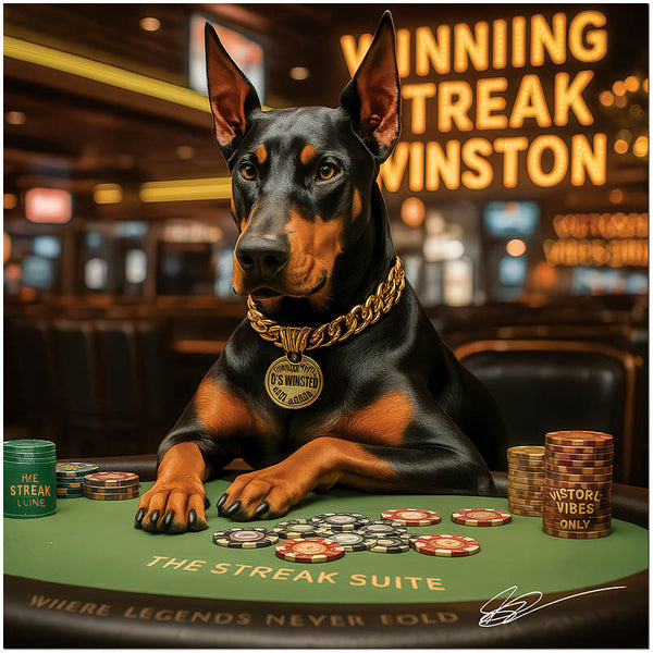 Doberman confidently seated at poker table surrounded by poker chips in luxurious casino setting