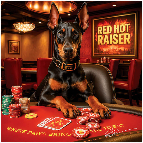 Doberman confidently playing poker at luxurious casino table with fiery red theme