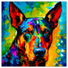 Colorful Dobermann portrait in modern art style, perfect for home decor.