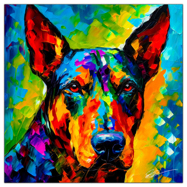 Colorful Dobermann portrait in modern art style, perfect for home decor.