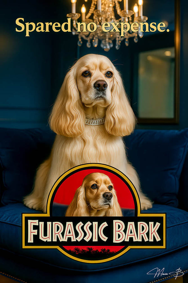 Luxurious Cocker Spaniel with diamond collar under chandelier titled Furassic Bark II Spared no expense