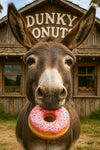 Playful donkey holding a sprinkled donut outside rustic donut shop metal print wall art