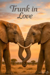Two elephants intertwining trunks in a romantic sunset metal wall art print