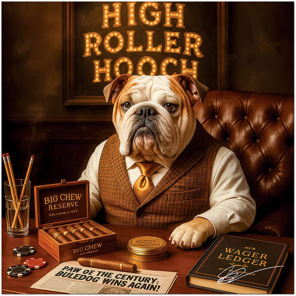 English Bulldog in luxury bar with cigars and wager ledger metal print