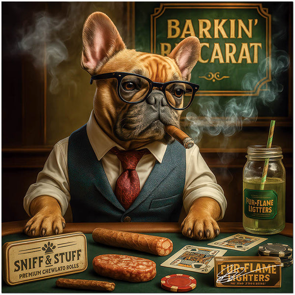 French Bulldog playing poker with cigar and canine-themed treats in vintage-style artwork