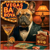 French Bulldog wearing tuxedo enjoying a Pawtini cocktail in an elegant casino lounge artwork