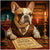 Elegant French Bulldog enjoying royal wager with vintage wine artwork