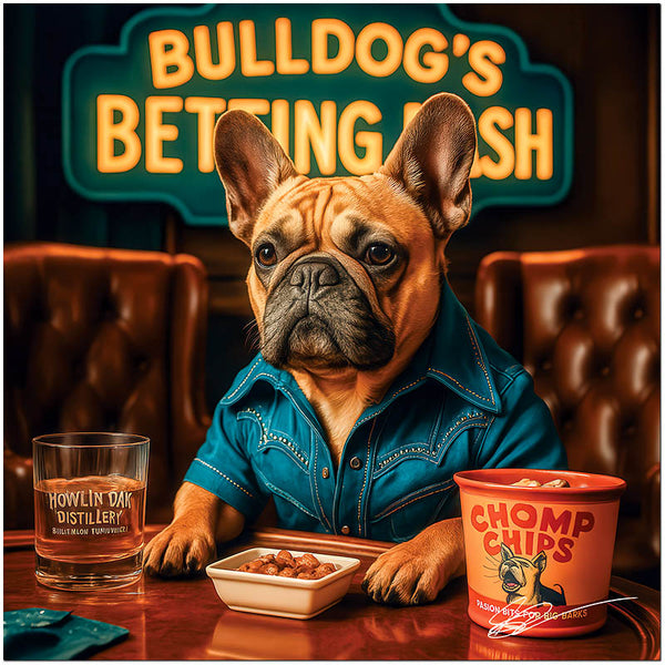 French Bulldog in retro jacket enjoying snacks at gaming table artwork