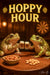 Two frogs toasting with mini beer mugs at a bar table with snacks in artwork titled Hoppy Hour II