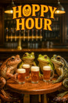 Five frogs at a bar table raising beer mugs in a humorous pub setting in artwork titled Hoppy Hour