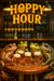 Five frogs at a bar table raising beer mugs in a humorous pub setting in artwork titled Hoppy Hour