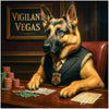 German Shepherd in casino attire at poker table, Vigilant Vegas metal artwork