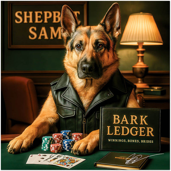 German Shepherd in leather jacket playing poker, Shepbet Sam metal artwork