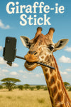 Funny giraffe taking selfie with a selfie stick in savanna metal print wall art
