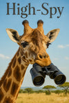 Curious giraffe with binoculars on savanna adventure metal print wall art