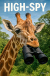 Playful giraffe holding binoculars ready for adventure metal print wall art