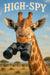 Adventurous giraffe holding binoculars in savanna metal print wall art