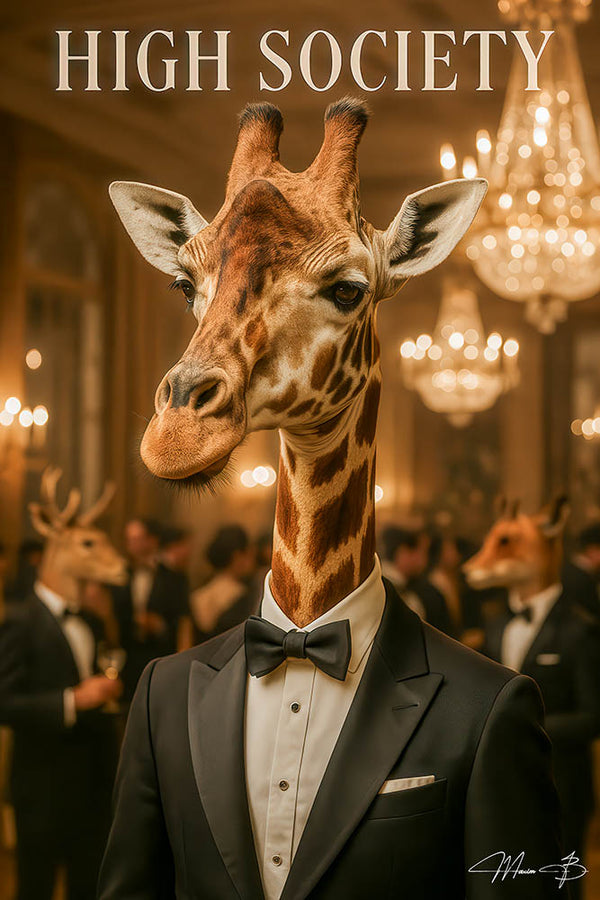 Elegant giraffe in tuxedo attending formal ballroom event metal print wall art