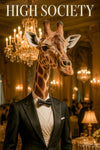 Sophisticated giraffe wearing tuxedo at upscale ballroom event metal print wall art