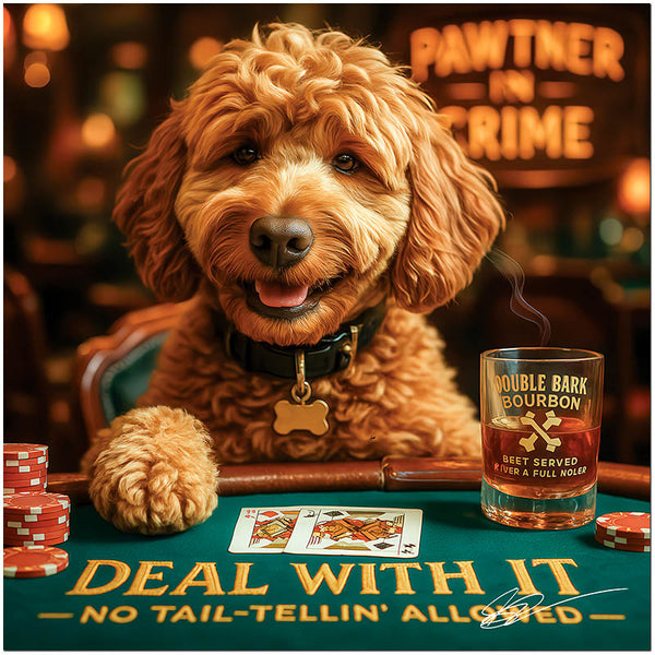 Playful Golden Doodle dog smiling at poker table with bourbon casino scene metal print