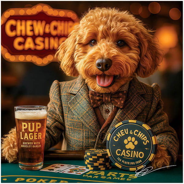 Golden Doodle wearing suit and bowtie playing poker with Pup Lager beer casino theme metal print
