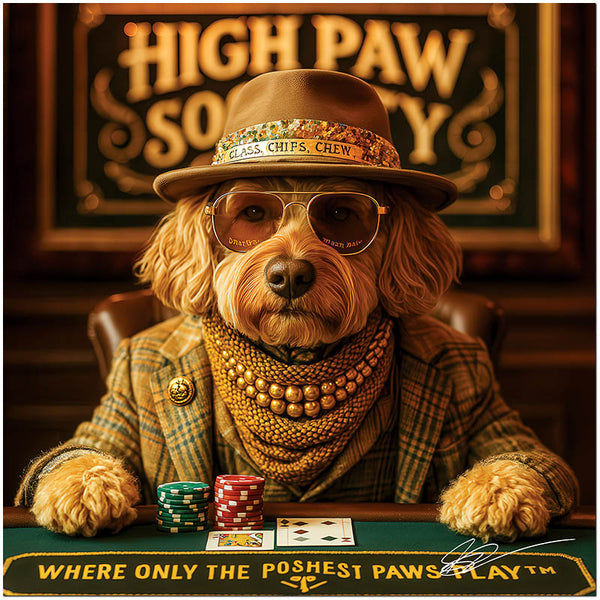 Sophisticated Golden Doodle dog in stylish attire playing poker at the luxurious High Paw Society metal print