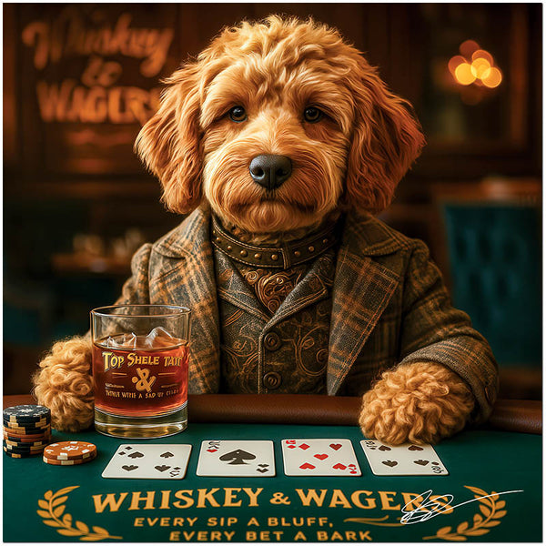 Sophisticated Golden Doodle with whiskey glass at poker table Whiskey & Wagers metal print
