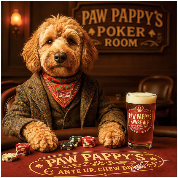 Golden Doodle playing poker at Paw Pappy’s Poker Room metal print