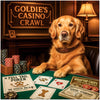 Golden Retriever sitting at a poker table with casino chips and cards in front of him, set in a cozy, vintage bar atmosphere.