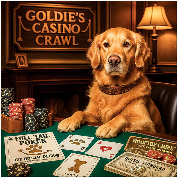 Golden Retriever sitting at a poker table with casino chips and cards in front of him, set in a cozy, vintage bar atmosphere.