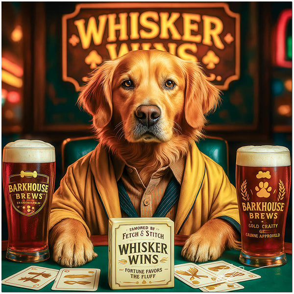 Golden Retriever at a bar, seated with a beer, poker cards, and a sign that reads "Whisker Wins" in the background.