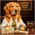 Golden Retriever dressed in a shirt and tie, seated in a bar-like room with stacks of money and a glass of whiskey, in front of a sign that reads "Retriever's Reward Room."