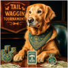 Golden Retriever wearing a champion bandana, sitting at a poker table with chips, cards, and money, with a backdrop reading "Tail Waggin' Tournaments."