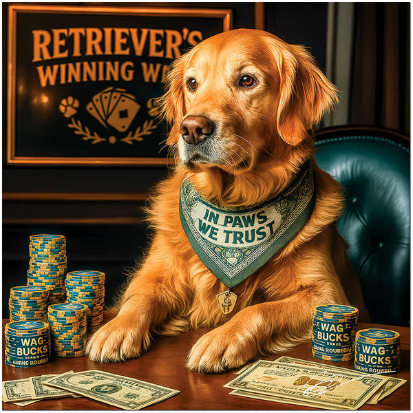 Golden Retriever wearing a bandana with the text "In Paws We Trust," sitting at a poker table with chips, "Wag Bucks," and cash, with a backdrop that reads "Retriever's Winning Wag."