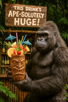 Gorilla holding large tropical tiki cocktail metal wall art print