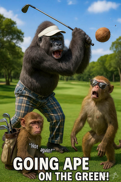 Gorilla golfing Going Ape on the Green metal print funny sports art