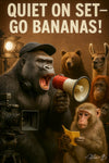 Humorous metal wall art of a gorilla directing animals on a chaotic movie set