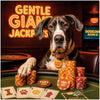 Great Dane seated at a poker table with stacks of red and yellow casino chips, dog-themed playing cards, and a neon "Gentle Giant Jackpots" sign glowing in the background.