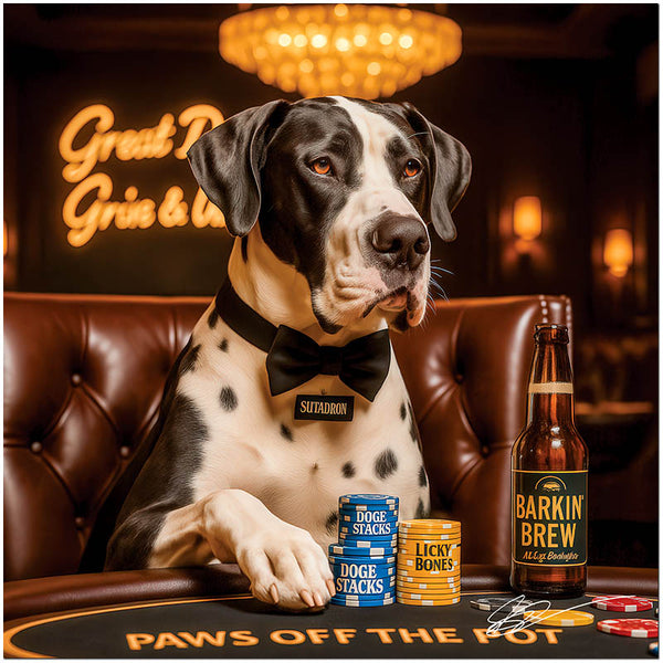 Great Dane in a bow tie at a poker table with chips and a beer, seated in a luxurious casino setting with a glowing chandelier and "Great Dane Grin & Win" sign behind.