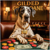 Great Dane wearing a gold KING K9 chain seated at a casino poker table with colorful chips, paw-print currency, and a "Gilded Great Dane" sign behind.