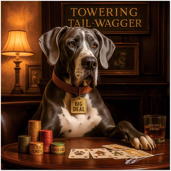 Great Dane with a “Big Deal” tag seated at a poker table with golden chips, dog-themed cards, and a glass of whiskey in an elegant, wood-paneled lounge.