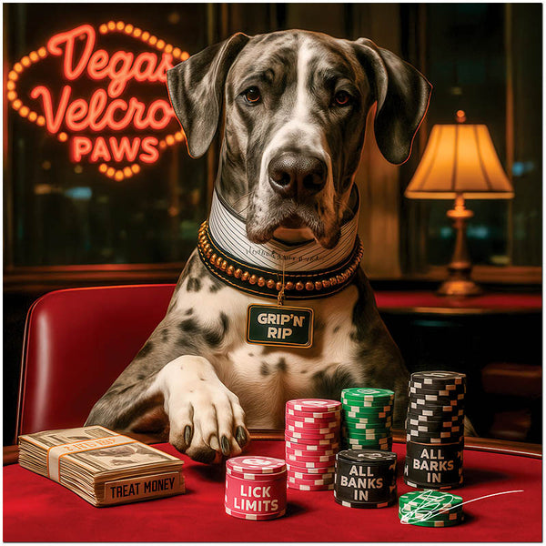 Great Dane wearing a pearl collar and “Grip ’N Rip” tag, seated at a poker table with custom chips, treat money, and a neon sign reading “Vegas Velcro Paws.”