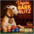 Greyhound at a poker table wearing a Blitz Mode tag with stacks of colorful chips, barkroll cash, and a drink labeled Juicy Jackpot under a neon Vegas Bark Blitz sign.