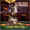 Greyhound at a casino table with gold chips, custom tokens like Grey Gains and Speed Spins, and a scoreboard labeled Betting Track Greyhounds behind her.