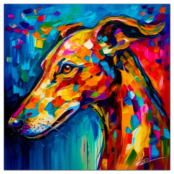 Colorful Greyhound portrait in modern art style, perfect for home decor.