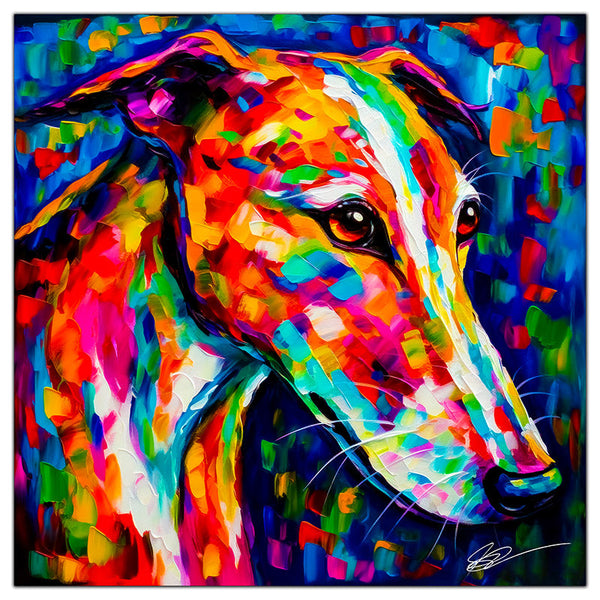 Colorful Greyhound portrait in modern art style, perfect for home decor.