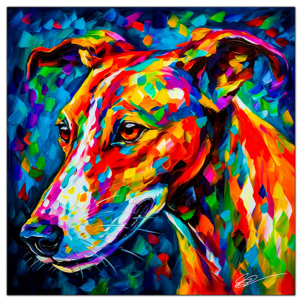 Colorful Greyhound portrait in modern art style, perfect for home decor.