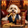 Havanese dog in a vest and tie holding a chew cigar, surrounded by rawhide rolls, a drink labeled Pawro Malecon, and a Chewbaños lounge setup with a Casino Canine Cubanos sign in the background.