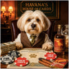 Havanese dog in a brown vest and green tie seated behind a poker desk with chips, cash, a biscuit stock certificate, and a bottle labeled Tailor Blend in Havana’s House of Cards.