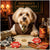 Havanese dog in a brown vest and green tie seated behind a poker desk with chips, cash, a biscuit stock certificate, and a bottle labeled Tailor Blend in Havana’s House of Cards.